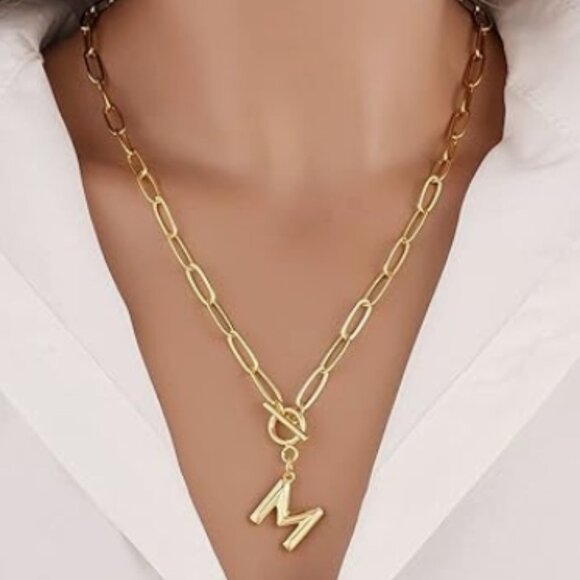 Jewelry - Toggle Clasp Capital M Initial Necklace Plated Brass